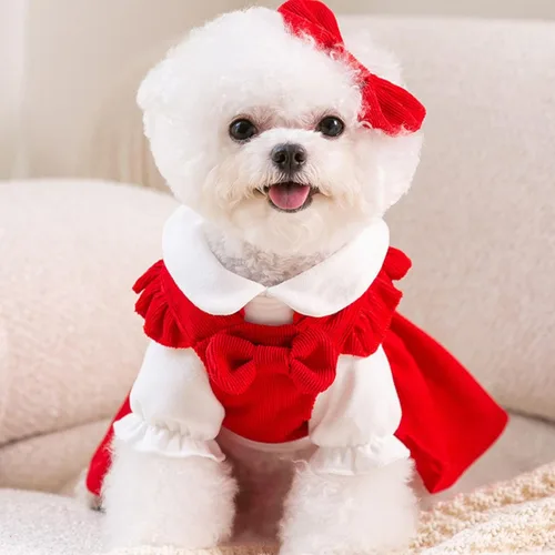 Vista 3 de Suéter Vestido de Pana Roja para Perros Pequeños Hembra Conjunto Vestido de Invierno para Perros Ropa de Cachorro Navidad