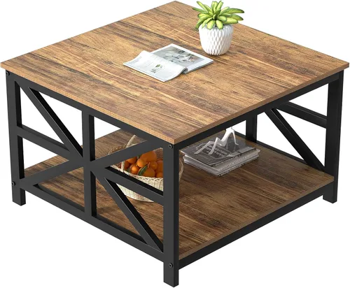 Vista 15 de GreenForest Mesa de café moderna para sala de estar con almacenamiento de 2 niveles, pequeña mesa central de granja cuadrada de madera y metal