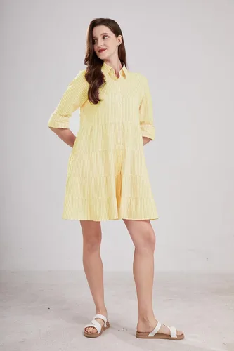 Vista 5 de utcoco Vestido camisero a rayas con botones para mujer, casual, holgado, con puños, manga larga, vestidos largos