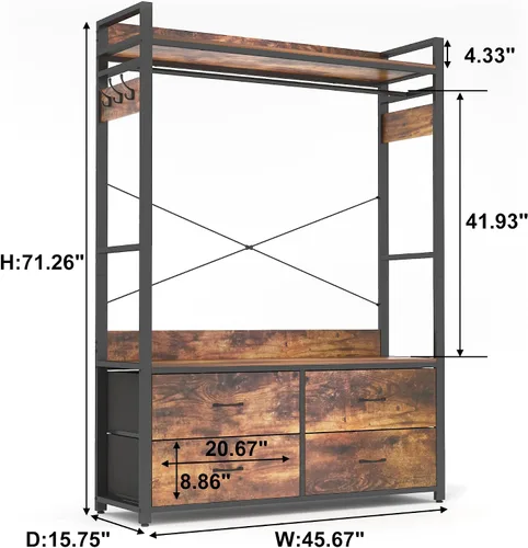 Vista 3 de Perchero para ropa con cajones, perchero para ropa con estantes y varilla para colgar, perchero de ropa industrial con almacenamiento para bolsas
