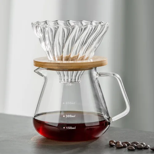 Vista 2 de Juego de Cafetera de Goteo – Jarra de Café con Asa de Bambú, Gotero de Café de Vidrio y 100 Filtros, Capacidad de 20oz/600ml