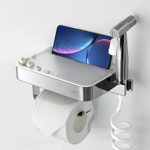 Vista 5 de Soporte de papel higiénico con pistola pulverizadora, bidé de ducha de pulverización de mano, dispensador de papel higiénico, pistola rociadora