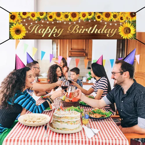 Vista 4 de Cartel y cartel de cumpleaños de girasol, decoraciones de fiesta para mujeres y niñas, tema de feliz cumpleaños, fondo de fotos para interiores