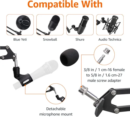 Vista 3 de Amazon Basics Soporte de micrófono ajustable, filtro pop, pantalla antiviento, para Blue Yeti, Snowball, Shure, Audio-Technica, otros micrófonos, 14
