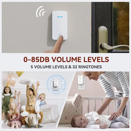 Vista 4 de AIDA Timbre inalámbrico para puerta, timbre autoalimentado con toma de corriente adicional, botón de presión sin necesidad de batería, timbre