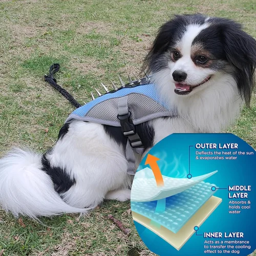 Vista 6 de Chaleco de enfriamiento para perro, arnés de verano para pequeño, mediano, reflectante, sin tirones, con asa y protección contra picos