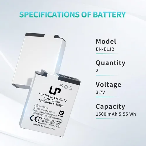 Vista 5 de LP Batería EN-EL12, paquete de 2 baterías de 1500 mAh compatibles con Nikon Coolpix A1000, B600, Coolpix AW130, A900, W300, S1200pj, S9900, S9500