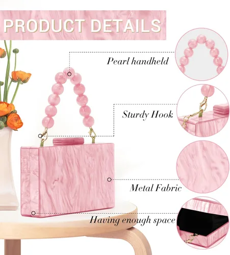 Vista 4 de Fecialy Bolso de mano de acrílico para mujer, bolso de noche con cuentas, bolso de mano de mármol, bolso formal para fiesta, novia, boda, bolso