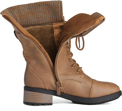Vista 4 de DREAM PAIRS Botas militares de invierno con cordones a media pantorrilla para mujer