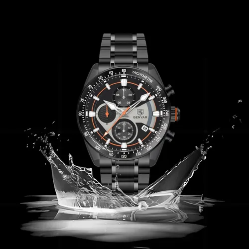 Vista 6 de BY BENYAR Men Watch Quartz Chronograph Stainless Steel Strap Analogue Date Display Sports Leisure Business 30M Waterproof Elegant Gifts for Men