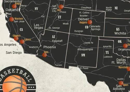 Vista 5 de GEOJANGO Mapa de arena de baloncesto, regalo deportivo para fanáticos del baloncesto – Sigue tus viajes deportivos – Mapa enmarcado, póster