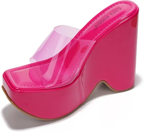 Vista 5 de Cape Robbin Sandalias de cuña con plataforma para mujer, tacón cuadrado de 6 pulgadas, puntera abierta, correa transparente (rosa)