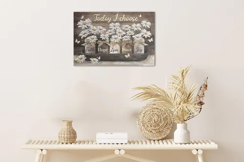 Vista 3 de Arte de pared de granja - Lienzo de arte de pared de margaritas con cita de Jesús, Hoy elijo fe, esperanza, amor, paz, alegría, pintura de flores