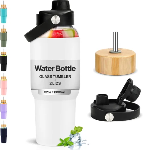 Vista 8 de PROBTTL Botellas de agua de vidrio de 32 onzas, vaso de vidrio de 1 litro, botella de agua de borosilicato con popote, funda de silicona, 2 tapas