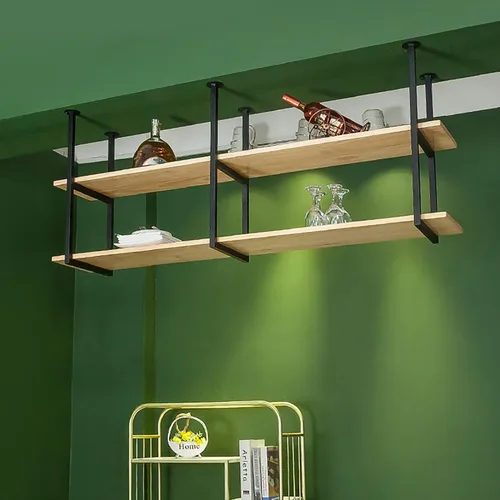 Vista 4 de Shelves Whftd Hanging Floating Shelf - 2 Tier Solid Wood Ceiling Shelf Wrought Iron Plant Rack, Hanging Storage Rack for Restaurant and Bar - Length