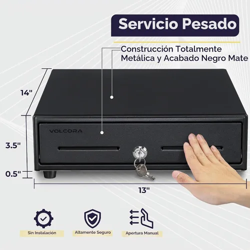 Vista 2 de Volcora Cajón manual de 13" para caja registradora con apertura por presión para sistema de punto de venta (POS), cajón resistente color negro con 4