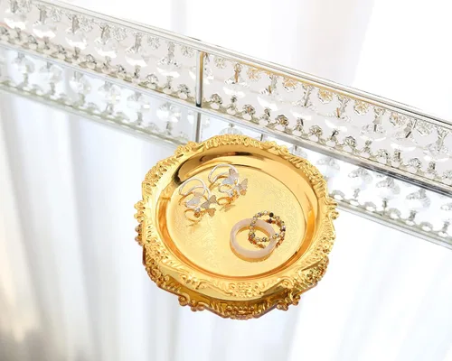 Vista 3 de Bandeja redonda de almacenamiento para collares, soporte para joyas, organizador de platos de postre, plato de fruta, organizador de platos, Dorado