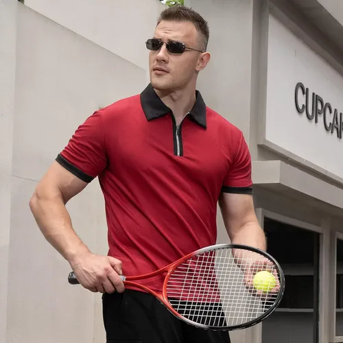 Vista 4 de Rela Bota Polo de manga corta para hombre, con cremallera, estilo casual, ajustado