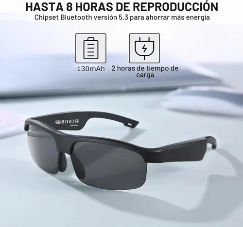 Vista 3 de Lentes inteligentes, lentes de sol polarizados Bluetooth con micrófono y altavoces integrados, oreja abierta, asistente de voz, protección UV
