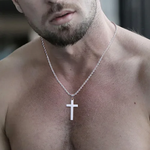 Vista 6 de LUXEJEW Collares de cruz de acero inoxidable para hombre, cadena de cuerda, collar con colgante de cruz negra, plata y oro, para hombres, niños