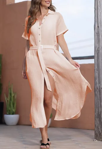 Vista 4 de AOHITE Vestido de manga corta con botones para mujer, vestido maxi de playa