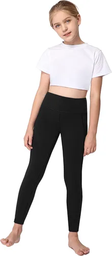 Vista 3 de AENLLEY Leggings de yoga activas para niñas con 2 bolsillos - Pantalones de yoga para entrenamiento de niños para atletismo (Paquete de 2)