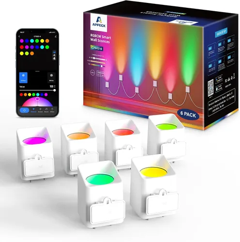 Vista 10 de APPECK Paquete de 4 apliques de pared inteligentes, luces LED RGBCW de 8 pies, luces regulables para interiores para sala de estar, dormitorio, sala