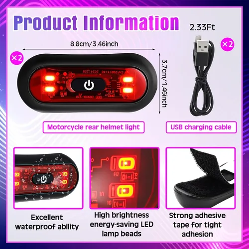 Vista 2 de Tujoe Juego de 2 luces LED rojas para casco trasero de motocicleta, luces traseras recargables para casco de advertencia de seguridad con cable USB