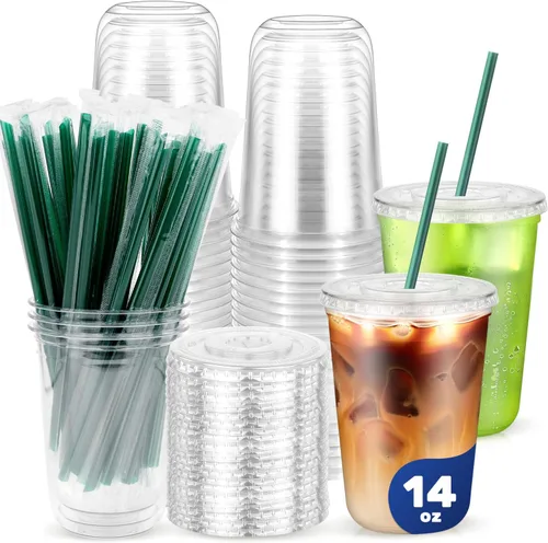 Vista 12 de 50PCS 14 oz Clear Plastic Cups with Lids and Dark Green Straws Transparente