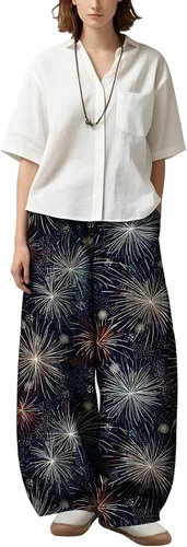 Vista 13 de Womens Wide Leg Firework Pattern Pants High Waist Cotton Blend Lantern Trousers Casual Summer Loungewear