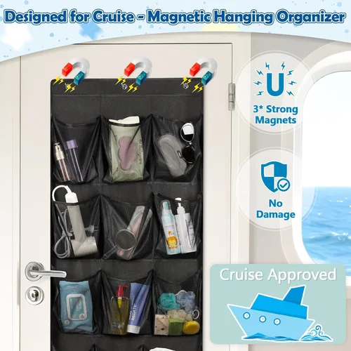 Vista 3 de Organizador de cruceros sobre la puerta, organizador magnético para puerta de crucero con 15 bolsillos de tamaño graduado, zapatero magnético
