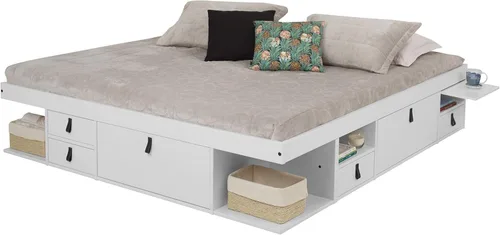 Vista 21 de Memomad Bali Set: Plataforma de almacenamiento con cajones + Cabecera con estantería (Tamaño individual, madera color marrón caramelo)