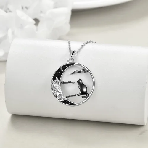 Vista 3 de Collar de gato negro para mujer, plata esterlina, luna celta, regalo de joyería de gato