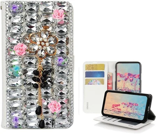 Vista 15 de Bling - Funda tipo cartera para teléfono compatible con Samsung Galaxy Z Fold 3 5G, elegante, hecha a mano, atrapasueños con colgante de perlas