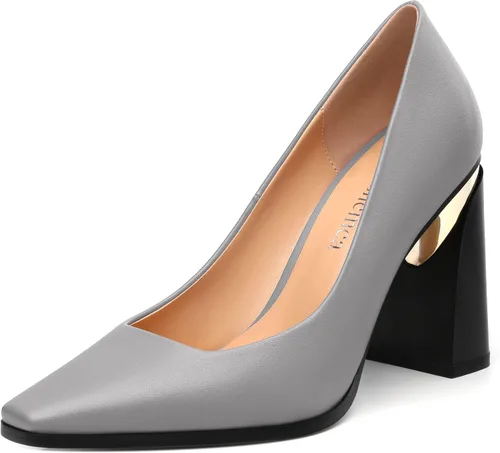 Vista 8 de Tacones altos para mujer, zapatos de vestir de tacón grueso con puntera cuadrada cerrada de patente, tacones elegantes, zapatos de vestir diarios