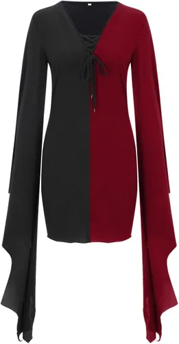 Vista 3 de AITEQY Vestido de bruja gótica de bloque de color para mujer, manga de mariposa, vestido ajustado con cuello en V, vestido sexy para Halloween