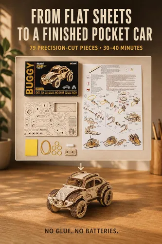 Vista 4 de EWA Eco-Wood-Art Pocket Buggy - Rompecabezas de madera 3D Kit de modelo mecánico DIY Juego de construcción de madera