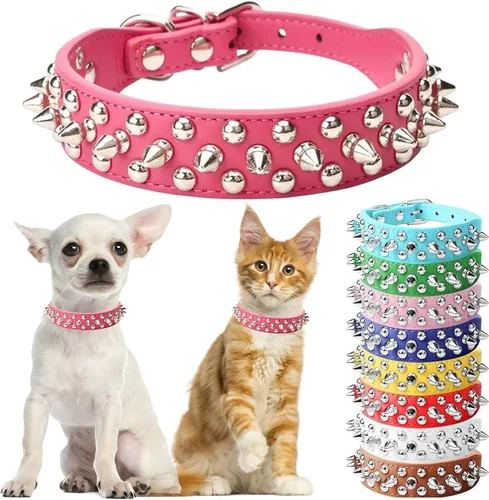 Vista 11 de Collar de perro con pinchos para perros pequeños, collares de cachorro macho con pinchos de cuero PU con remaches de hongos, collares tachonados