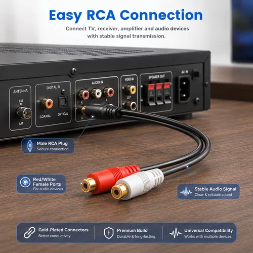 Vista 5 de Eanetf Cable divisor RCA de 1 macho a 2 hembras para altavoz de audio en Y, con conductor OFC, blindaje doble, carcasa de metal chapado en oro