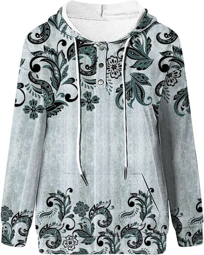 Vista 5 de Sudadera Henley con botones abiertos para mujer, sudadera con capucha y estampado floral, manga larga, recortada, con cordón