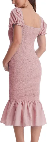 Vista 6 de Vestido de maternidad de verano a media pierna, manga corta abombada, cuello cuadrado, dobladillo con volantes, vestido de sirena para baby shower