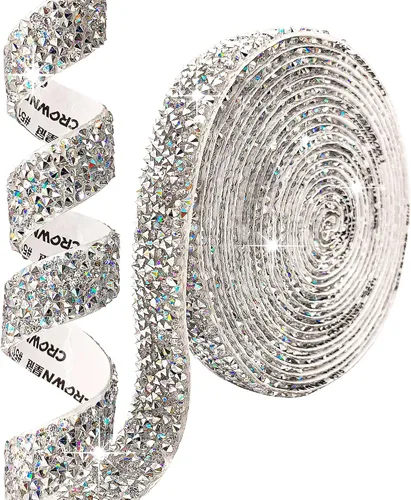 Vista 14 de Cinta autoadhesiva de resina negra con diamantes de imitación, 4 yardas, cinta de cristal brillante aplicable a bodas, cumpleaños, Navidad, fiestas