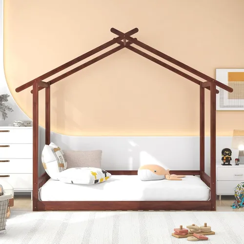 Vista 3 de Marco de cama de madera de tamaño individual con cama extragrande extensible, plataforma de suelo con techo y barandilla en forma de valla,