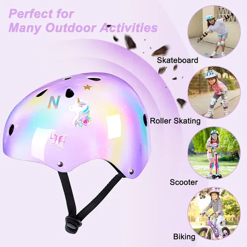 Vista 7 de Casco para niños, casco de bicicleta para niños pequeños con pegatinas DIY Unicornio, rodilleras y coderas ajustables, juego de protección para Rosa