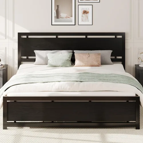 Vista 18 de LIKIMIO Base de cama tamaño King con cabecero y estribo Negro