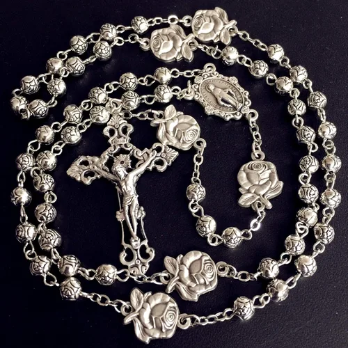 Vista 3 de elegantmedical Hecho a mano de plata rosa cuentas Católica 5 Décadas Rosario caso Cruz Caja de regalo Italia crucifijo cruz, Metal, No es una piedra