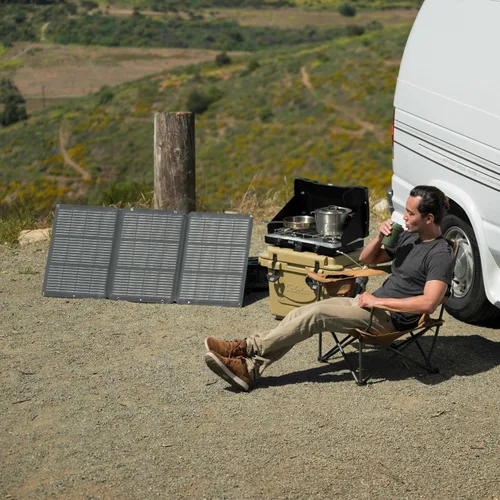Vista 9 de SunJack Cargador de panel solar portátil plegable de 120 W con soportes, MC4/PD60 USB-C/USB-A, ETFE monocristalino, cargador solar impermeable