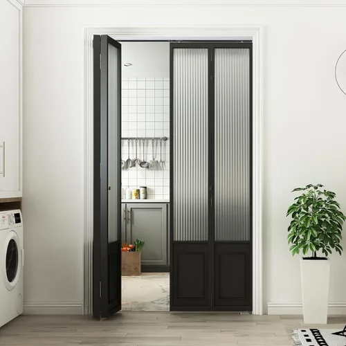 Vista 7 de DIYHD Kit de puerta corrediza de granero plegable de 48 pulgadas, riel de montaje en techo, kit de puerta interior plegable para 4 puertas, ancho