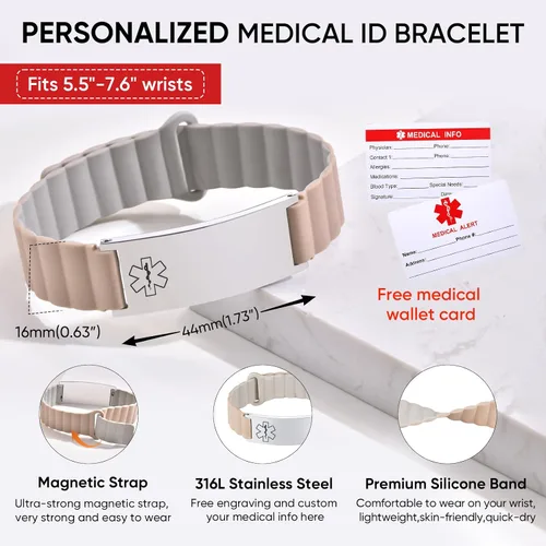 Vista 6 de Cómoda pulsera de identificación médica para hombres y mujeres, correa de silicona grabada personalizada, ajuste cómodo, pulseras de alerta médica