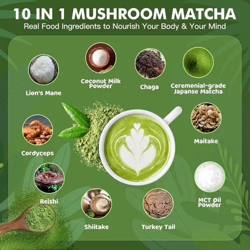 Vista 3 de JUYIHEAL Matcha de hongos Matcha ceremonial japonés infundido con 7 hongos superalimentos, aceite MCT, leche de coco en polvo Energía, enfoque